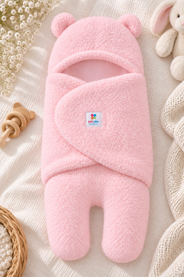 Ayıcık Tasarımlı Peluş Müslin Astarlı Kundak - Pembe