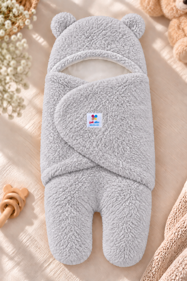 Ayıcık Tasarımlı Peluş Müslin Astarlı Kundak - Gri