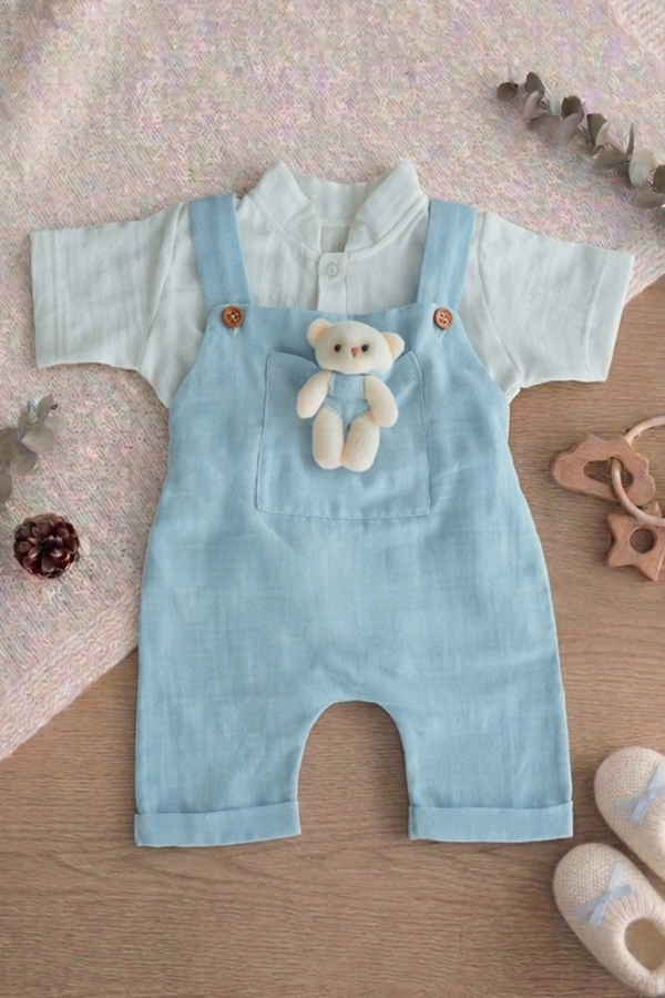 Erkek Bebek Ve Çocuk Müslin Kumaş Salopet Takım