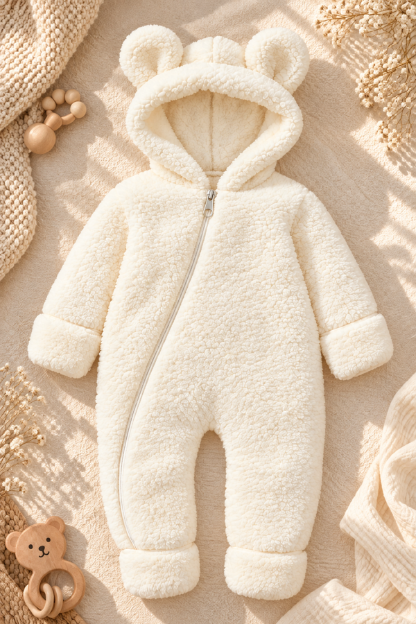 Erkek Kız Bebek Peluş Fermuarlı Uzun Kollu Kışlık Tulum - Krem