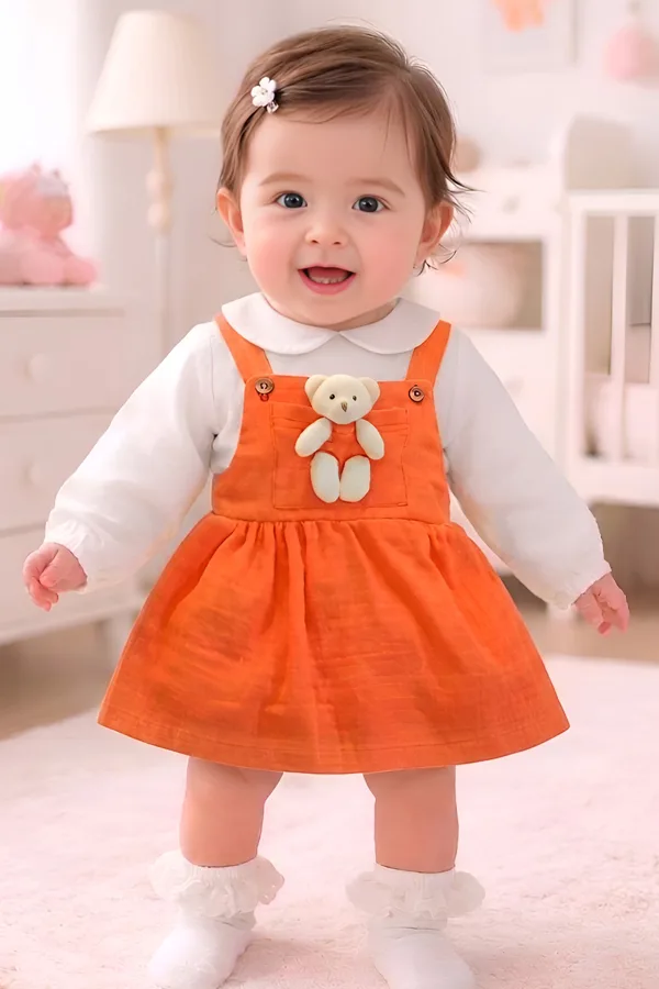 Kız Bebek Ve Çocuk Elbise Müslin Kumaş Ayıcıklı Ikili Takım