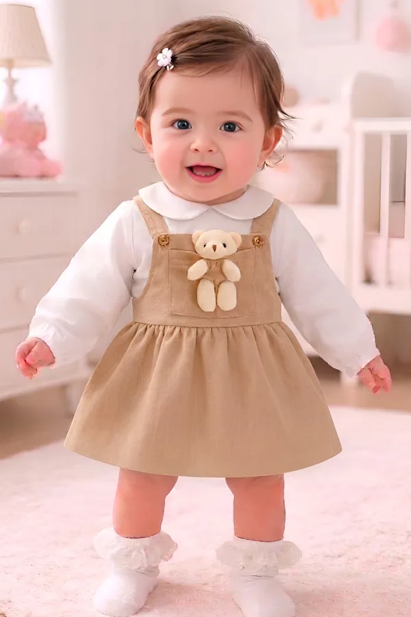 Kız Bebek Ve Çocuk Elbise Müslin Kumaş Ayıcıklı Ikili Takım