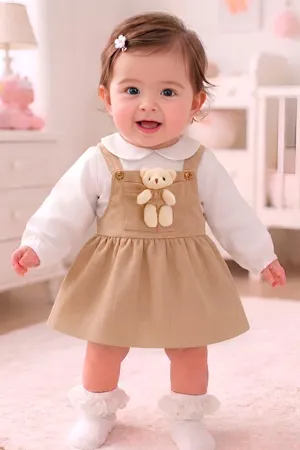 Kız Bebek Ve Çocuk Elbise Müslin Kumaş Ayıcıklı Ikili Takım