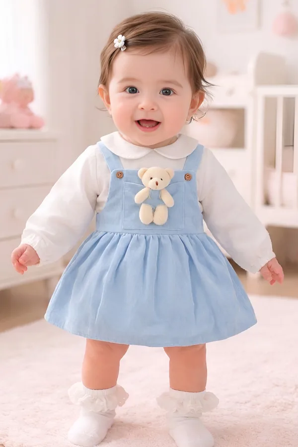 Kız Bebek Ve Çocuk Elbise Müslin Kumaş Ayıcıklı Ikili Takım