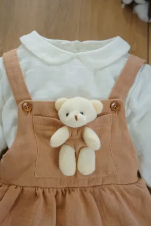 Kız Bebek Ve Çocuk Elbise Müslin Kumaş Ayıcıklı Ikili Takım