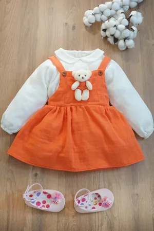 Kız Bebek Ve Çocuk Elbise Müslin Kumaş Ayıcıklı Ikili Takım