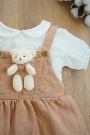Kız Bebek Ve Çocuk Müslin Kumaş Salopetli Ayıcıklı Elbise