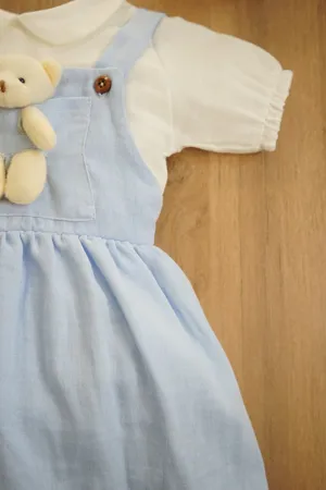 Kız Bebek Ve Çocuk Müslin Kumaş Salopetli Ayıcıklı Elbise