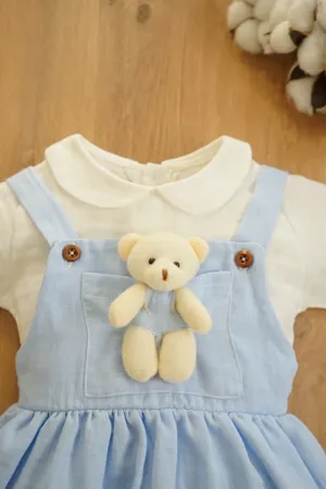 Kız Bebek Ve Çocuk Müslin Kumaş Salopetli Ayıcıklı Elbise