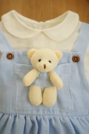 Kız Bebek Ve Çocuk Müslin Kumaş Salopetli Ayıcıklı Elbise