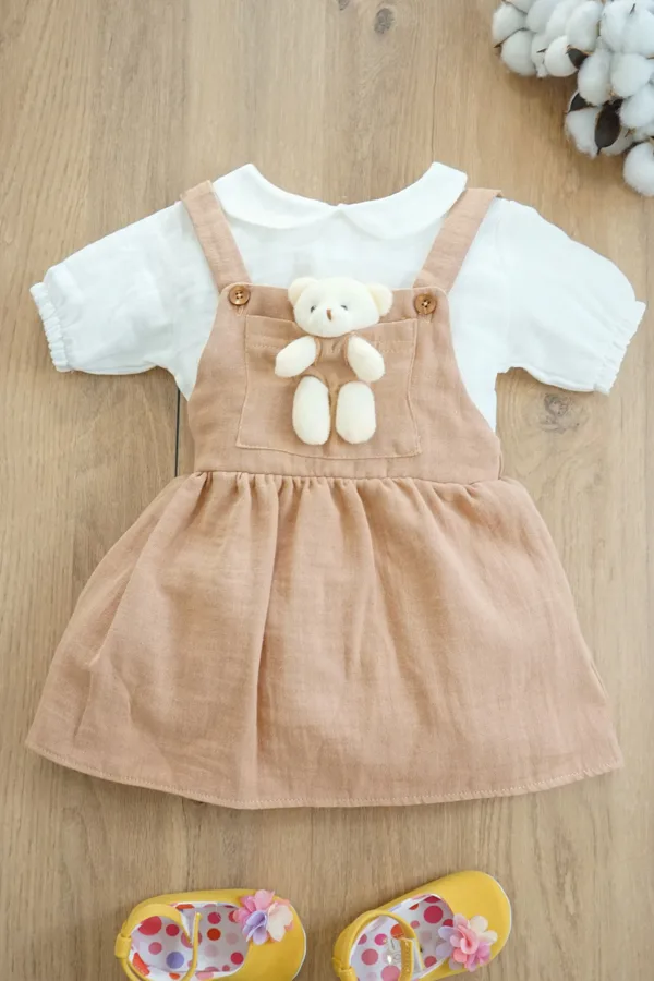 Kız Bebek Ve Çocuk Müslin Kumaş Salopetli Ayıcıklı Elbise