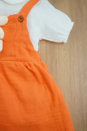 Kız Bebek Ve Çocuk Müslin Kumaş Salopetli Ayıcıklı Elbise