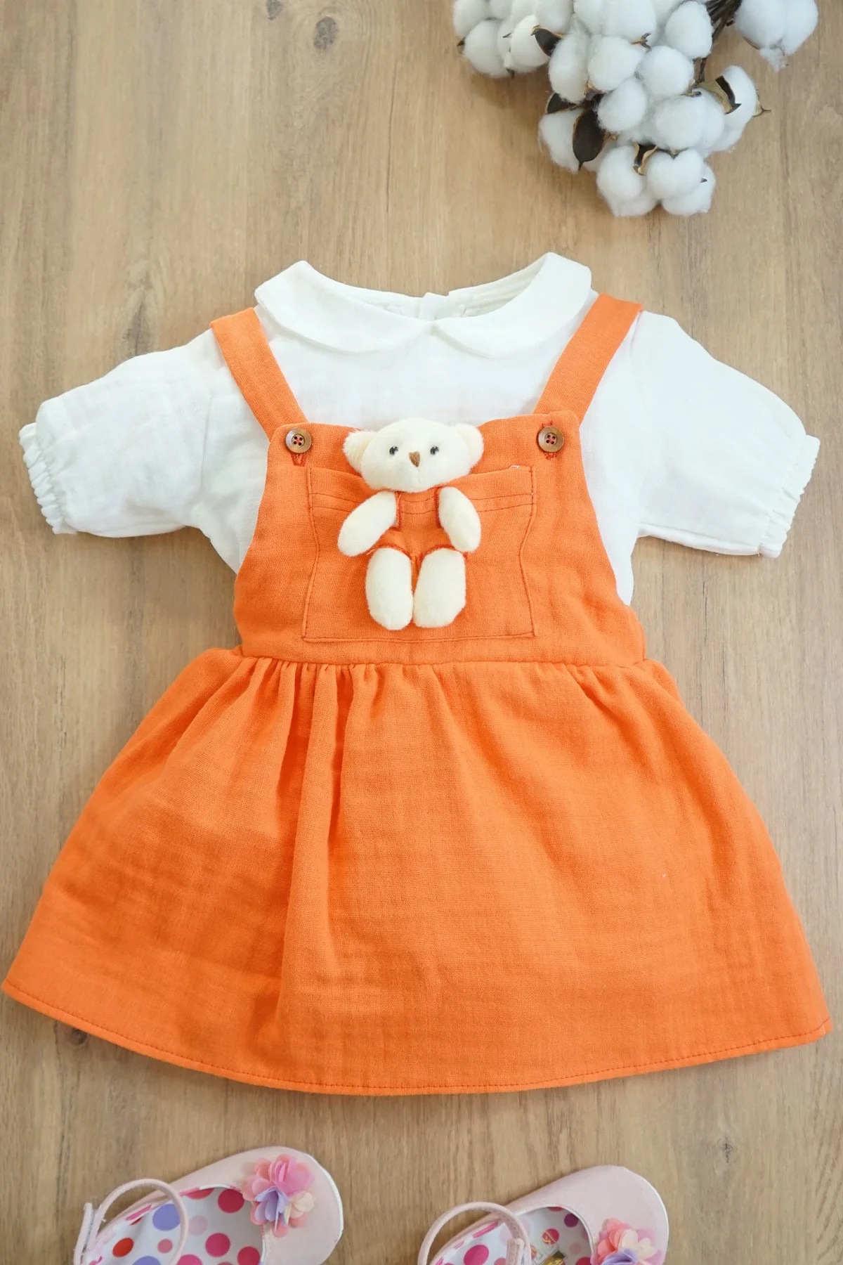 Kız Bebek Ve Çocuk Müslin Kumaş Salopetli Ayıcıklı Elbise