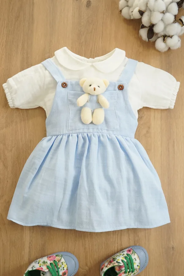 Kız Bebek Ve Çocuk Müslin Kumaş Salopetli Ayıcıklı Elbise