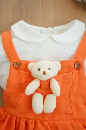 Kız Bebek Ve Çocuk Müslin Kumaş Salopetli Ayıcıklı Elbise