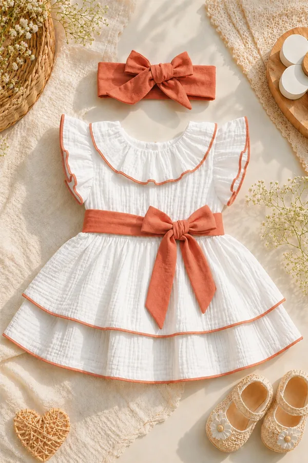 Kız Bebek Ve Çocuk Bandanalı Müslin Elbise