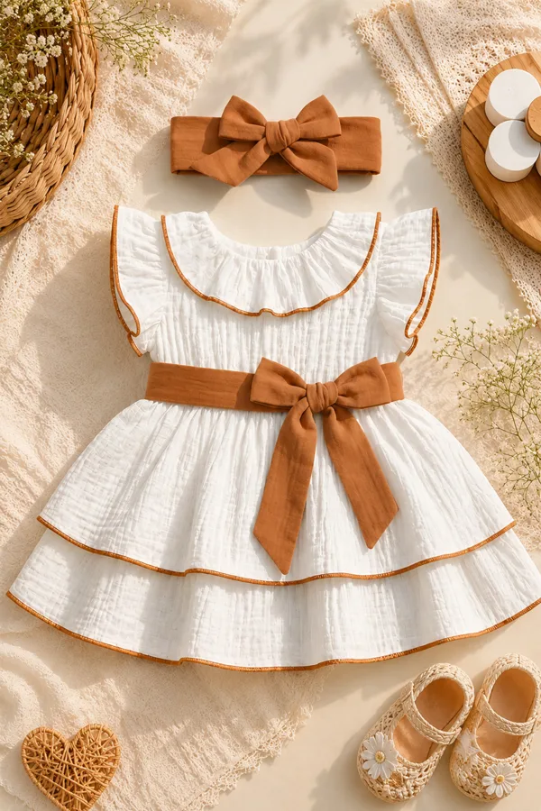 Kız Bebek Ve Çocuk Bandanalı Müslin Elbise