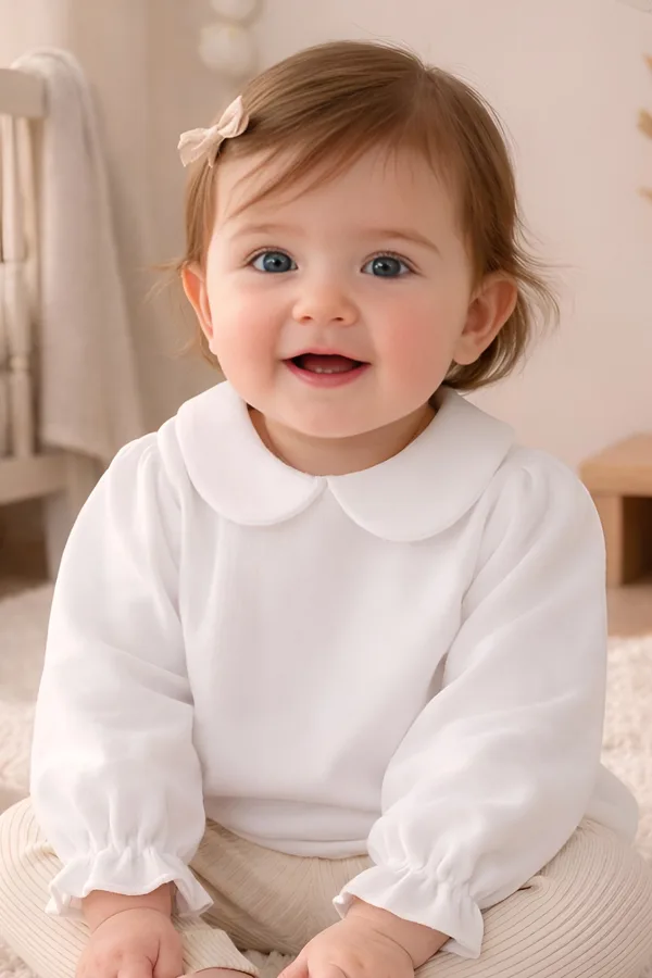 Kız Bebek Ve Çocuk Bebe Yaka Uzun Kollu Fırfırlı Müslin Gömlek