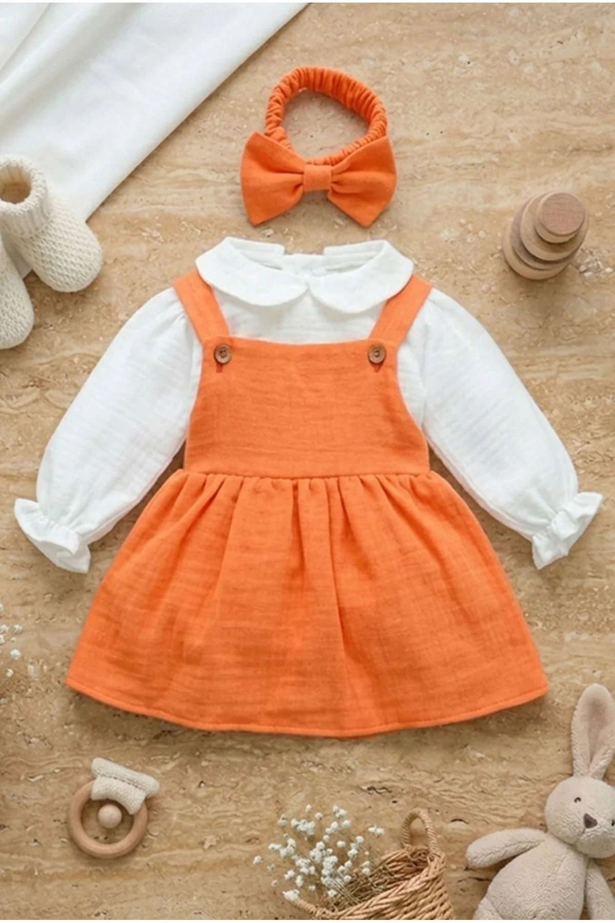Kız Bebek Ve Çocuk Elbisesi Müslin Kumaş Üçlü Takım