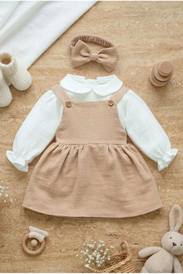 Kız Bebek Ve Çocuk Elbisesi Müslin Kumaş Üçlü Takım