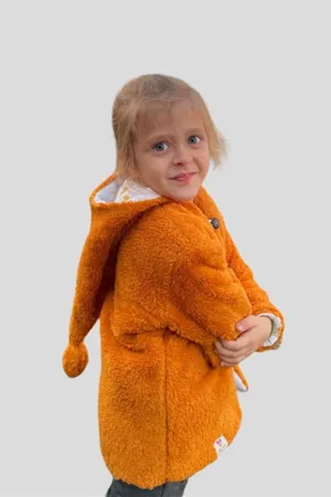 Peluş Kız Çocuk Tarçın Uzun Ponponlu Şapkalı Mont