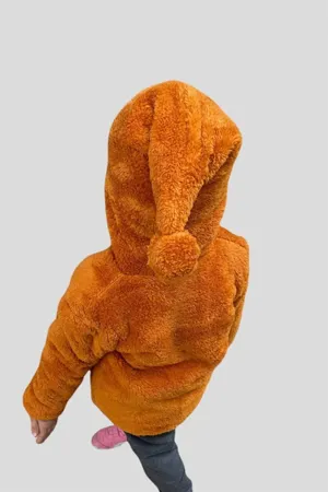 Peluş Kız Çocuk Tarçın Uzun Ponponlu Şapkalı Mont