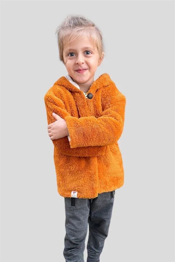 Peluş Kız Çocuk Tarçın Uzun Ponponlu Şapkalı Mont