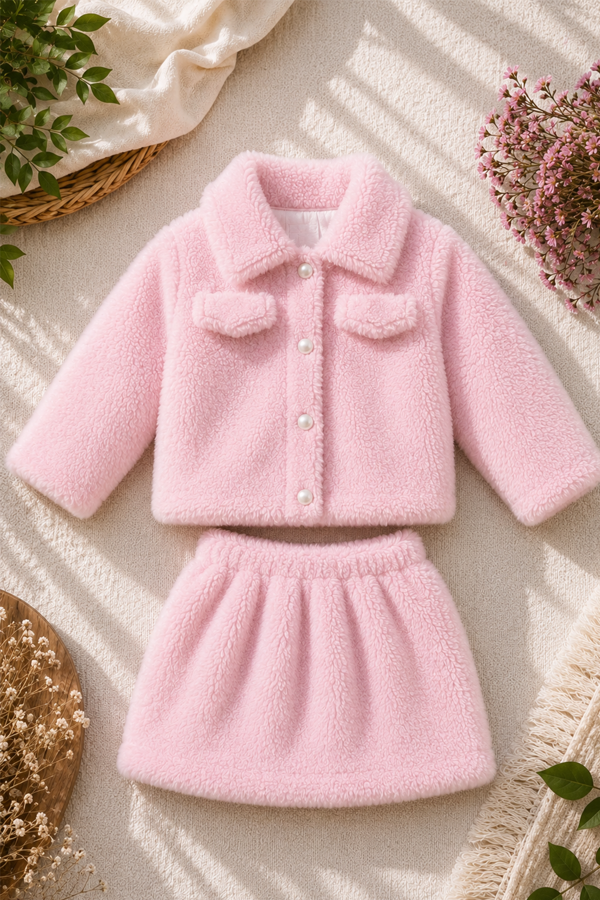 Kız Bebek Ve Çocuk Müslin Astarlı Peluş Etekli Ceket İkili Takım
