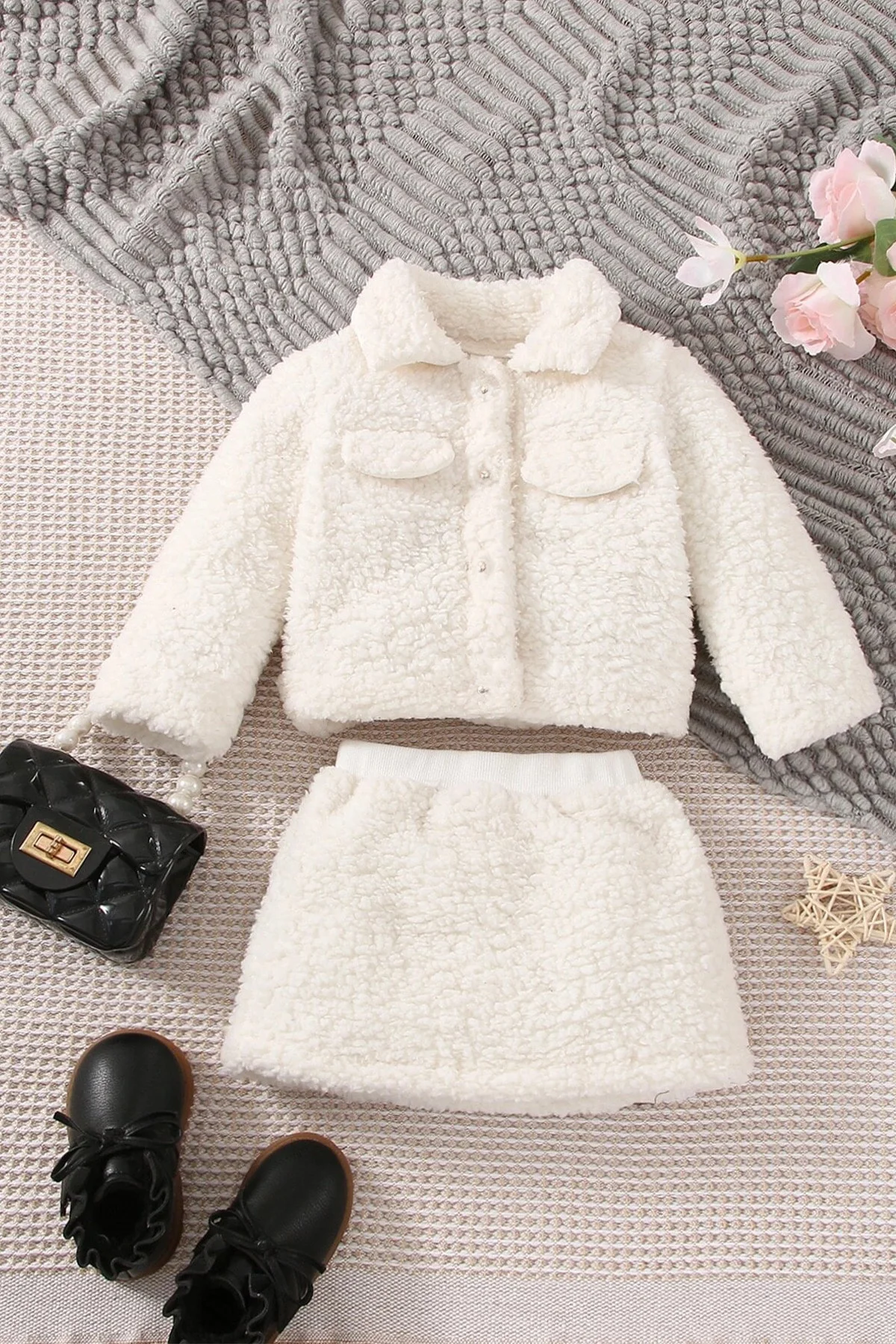 Kız Bebek Ve Çocuk Müslin Astarlı Peluş Etekli Ceket İkili Takım