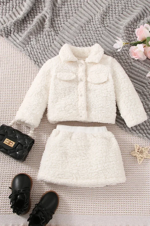 Kız Bebek Ve Çocuk Müslin Astarlı Peluş Etekli Ceket İkili Takım