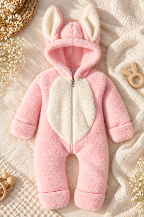 Kız Erkek Bebek Ve Çocuk Peluş Fermuarlı Kalpli Kışlık Tavşan Tulum - Pembe