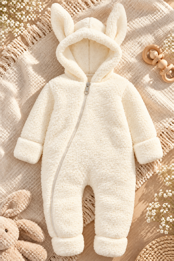 Kız Erkek Bebek Ve Çocuk Peluş Fermuarlı Kışlık Tavşan Tulum - Krem