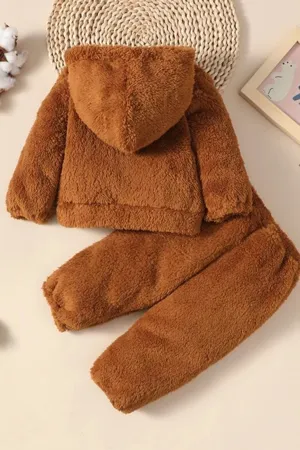Erkek Kız Bebek Ve Çocuk Peluş Kapüşonlu İkili Takım