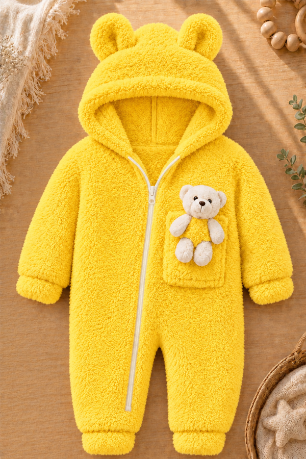 Kız Erkek Bebek Ve Çocuk Peluş Oyuncak Ayılı Kışlık Tulum - Sarı