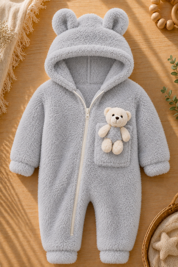 Kız Erkek Bebek Ve Çocuk Peluş Oyuncak Ayılı Kışlık Tulum - Gri